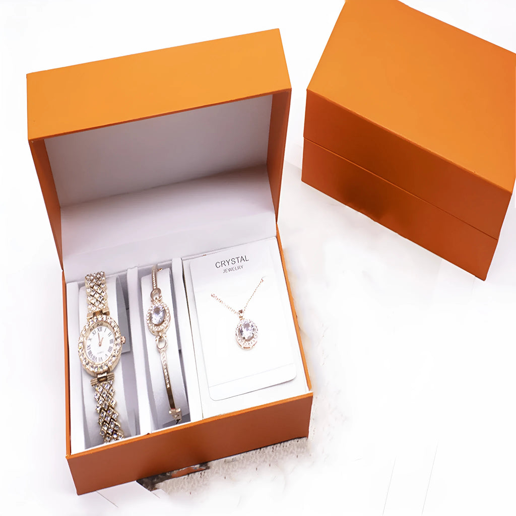 3-piece Rhinestone Watch Set With Bracelet And Necklace Alloy Quartz Watch Set Gold Silver Dial 3.2cm Strap Length 22.5cm Strap Width 1.5cm Glass Mirror OPP Simple Package Gift Set Jewellery Accessory Set Women