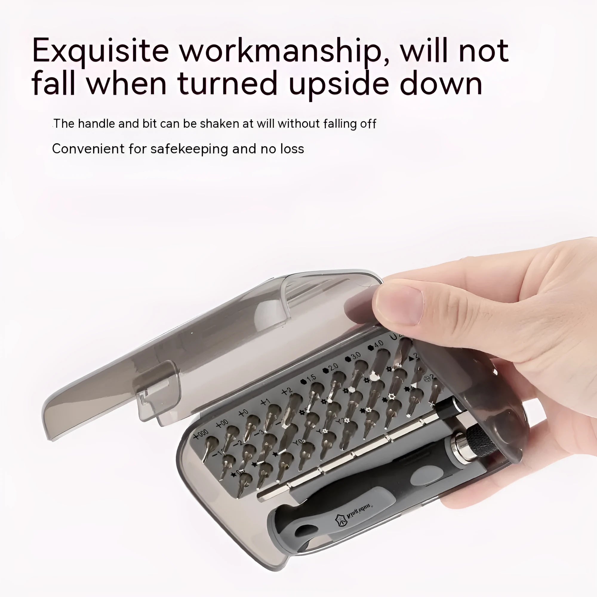 32-in-1 screwdriver tool set with multiple bits in a black plastic storage box.