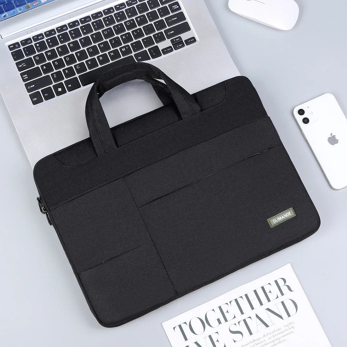 15.6-inch waterproof Oxford cloth laptop bag in dark grey colour with visible sewing lines