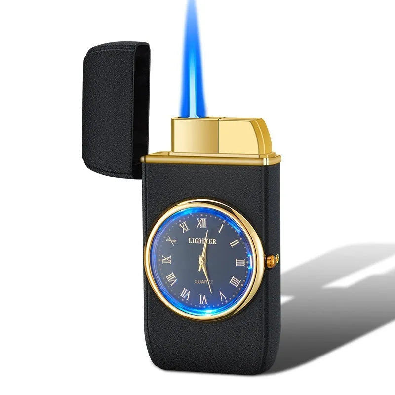 Electronic watch gas lighter with LED flash in black brushed metal finish.
