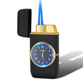 Electronic watch gas lighter with LED flash in black brushed metal finish.