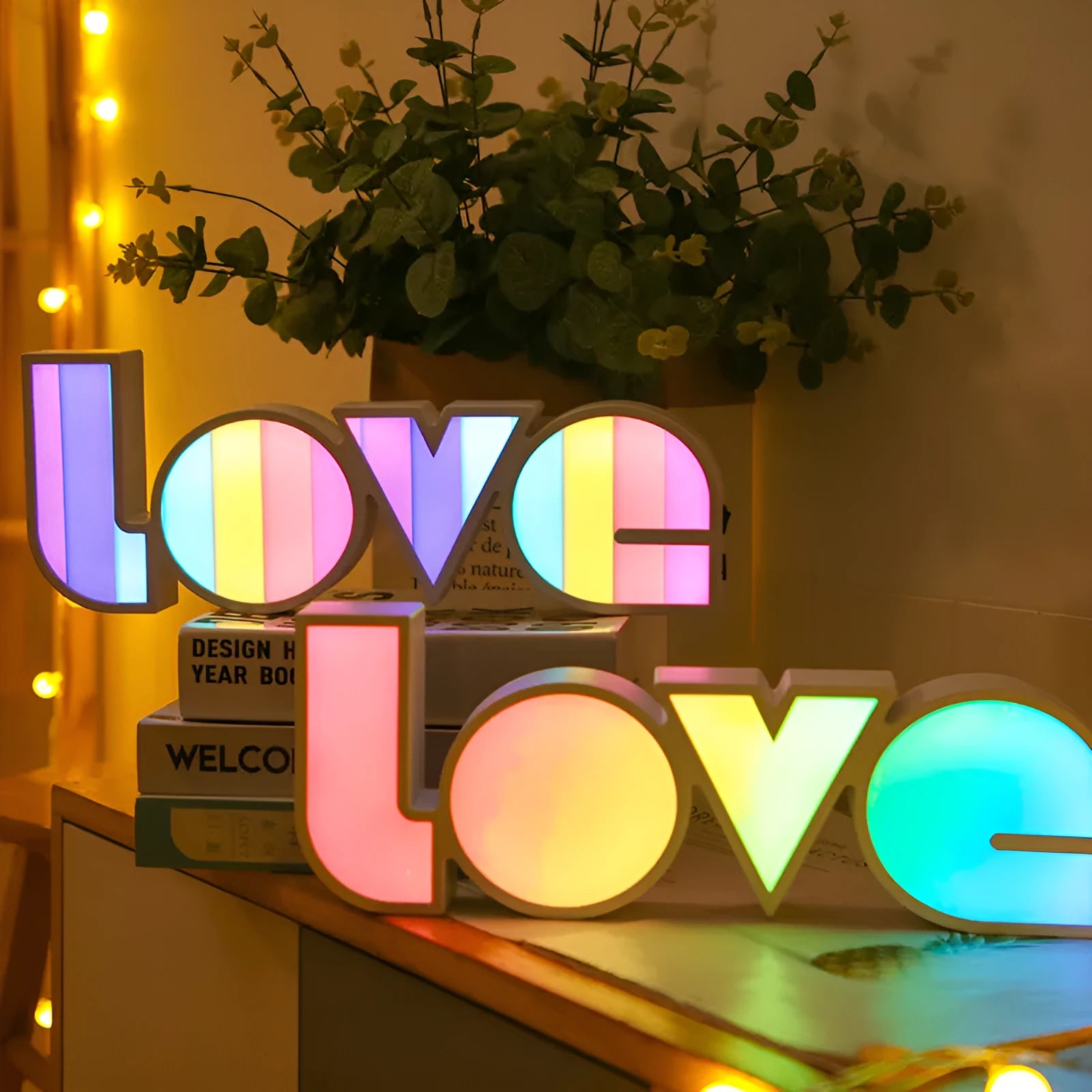 Rainbow style LED LOVE decorative light lamp for Valentine's Day and wedding party decoration.