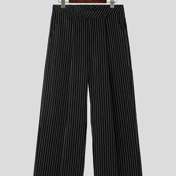 Men's black casual trousers with vertical stripes and pleated front in high-elasticity fabric