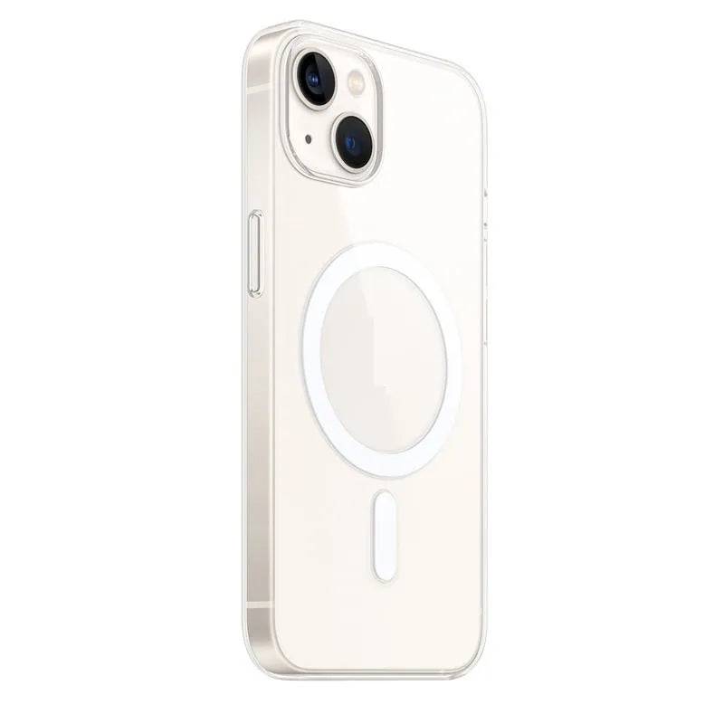 Fully transparent magnetic back cover case for iPhone showing integrated magnet ring on a phone.