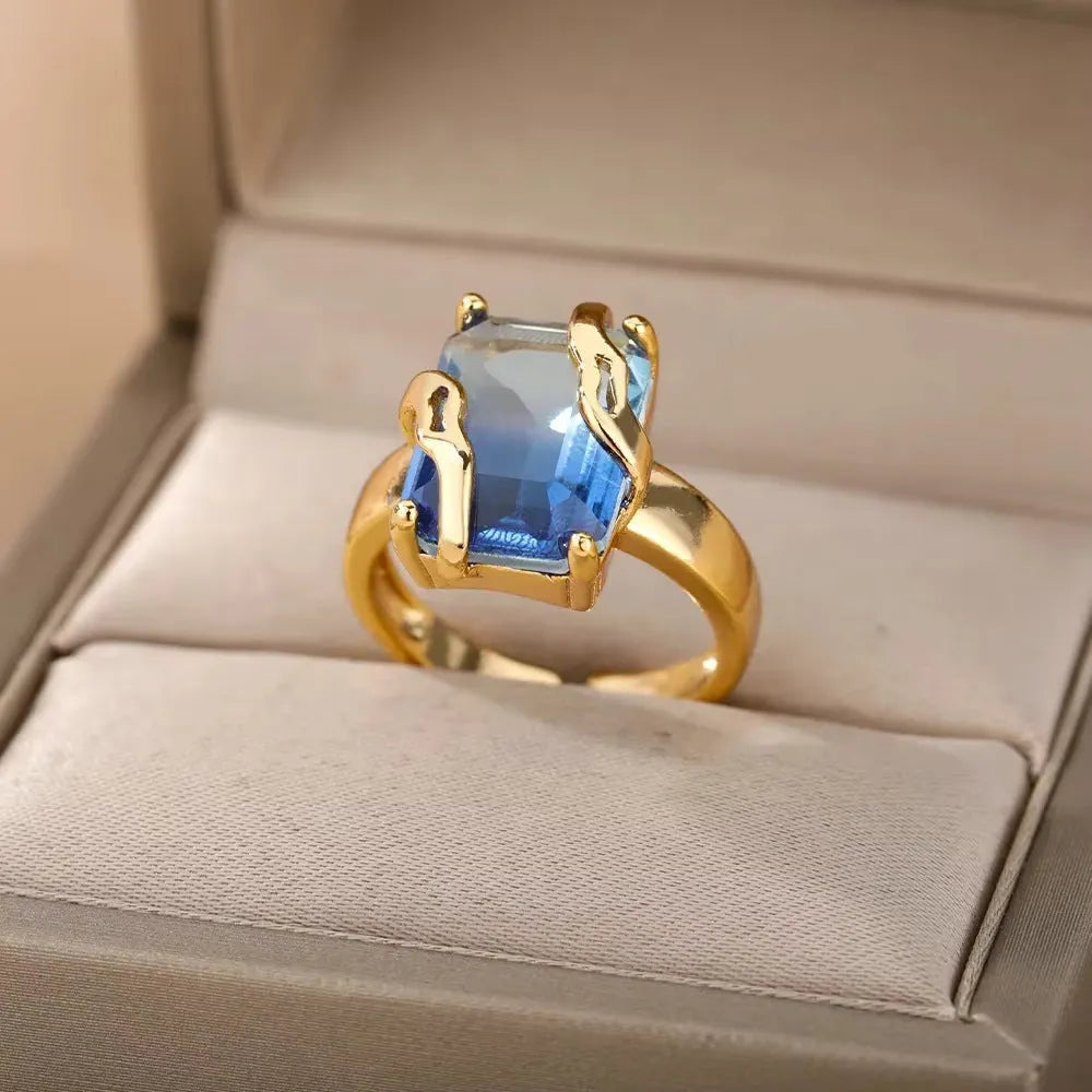 Adjustable 18K gold plated love emerald ring with synthetic zircon for women, open mouth copper design
