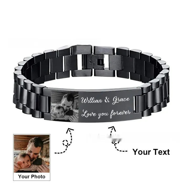Titanium steel bracelet with curved heart piece featuring electroplated lettering in gift box