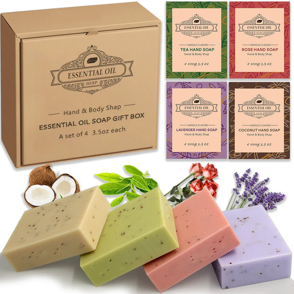 Handmade plant essential oil soap bar with frosted texture showing coconut green tea lavender rose scent options