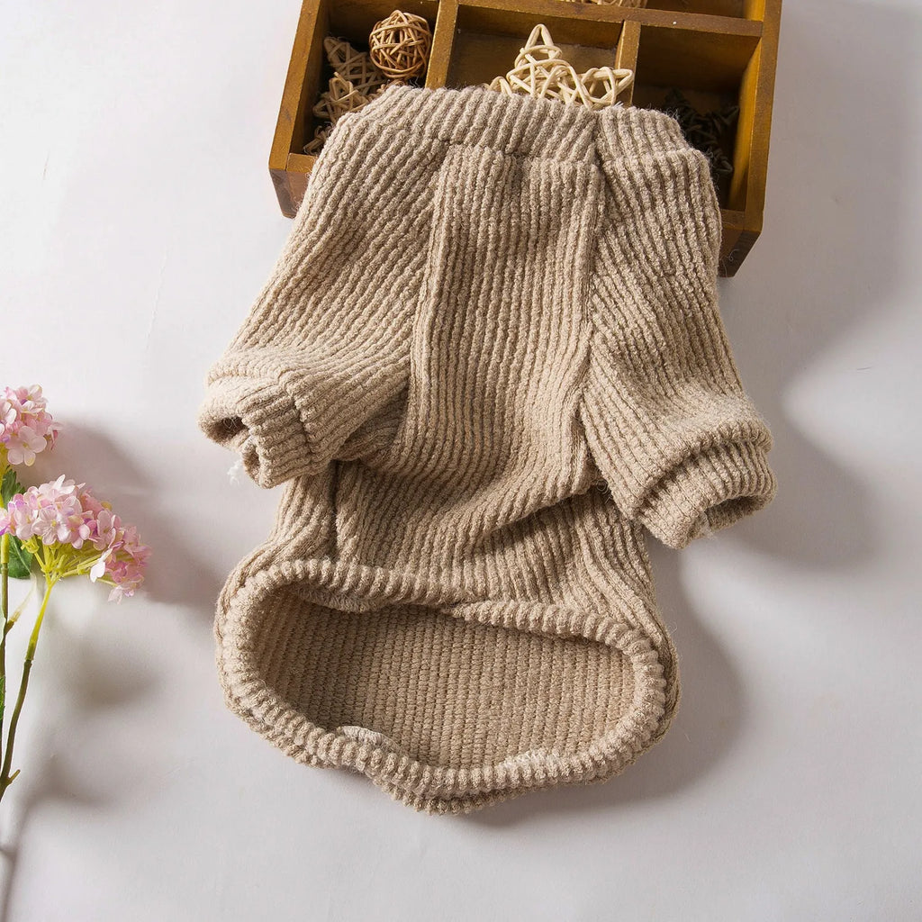 Brown knitted pullover sweater on a small dog, showing casual design and soft fabric.