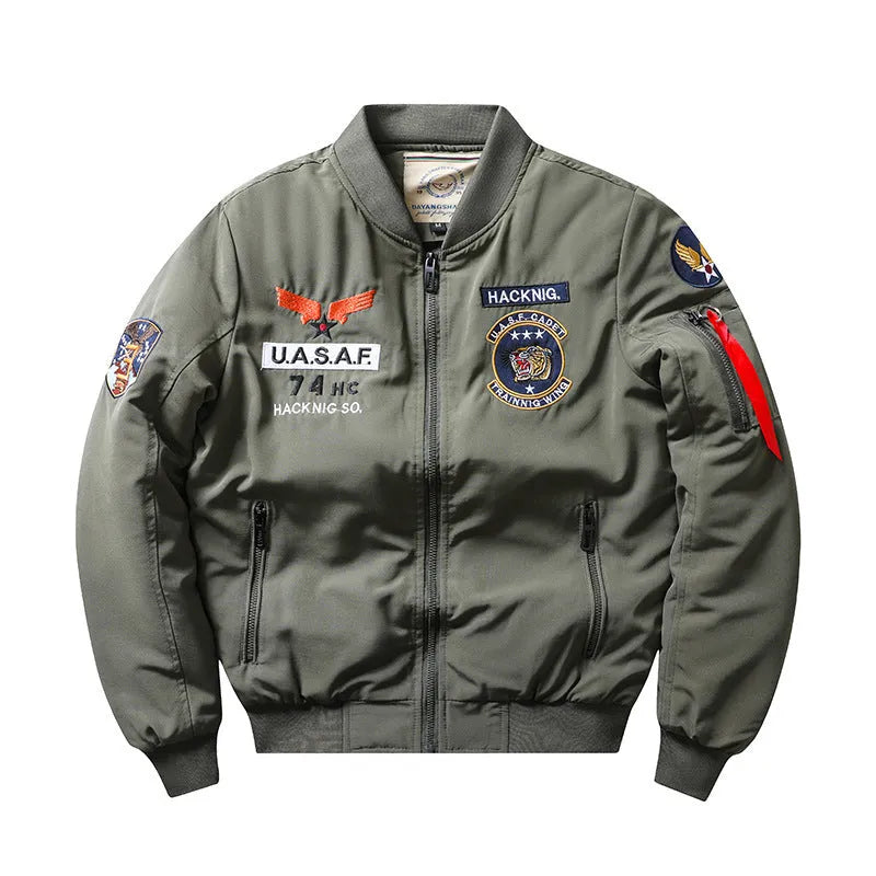 Slim-fit men's stand collar coat with retro embroidery and patch pockets