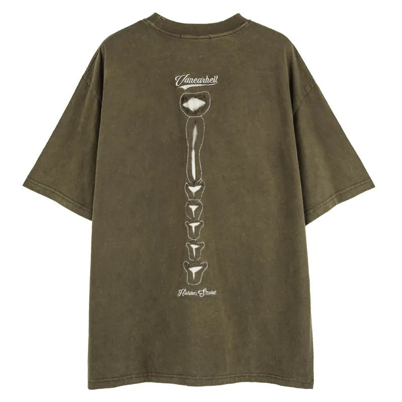 Man's loose black cotton t-shirt with skull and text print, featuring drop-shoulder sleeves.