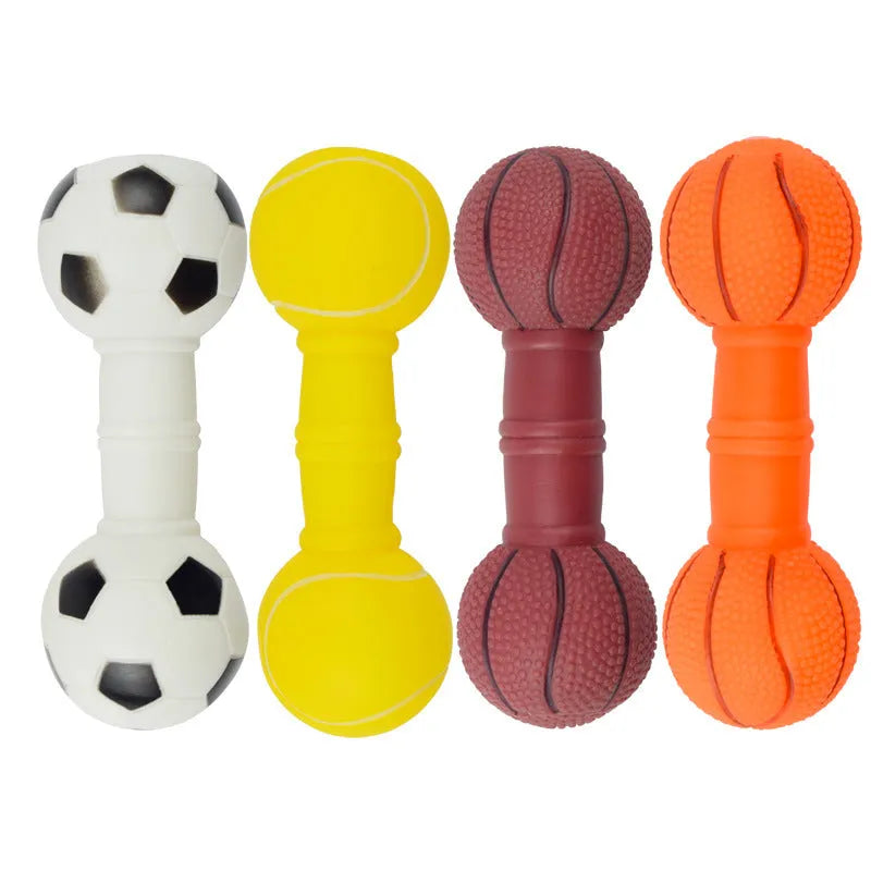 Brown, orange, white, and yellow PVC football and dumbbell shaped squeaky dog chew toys.