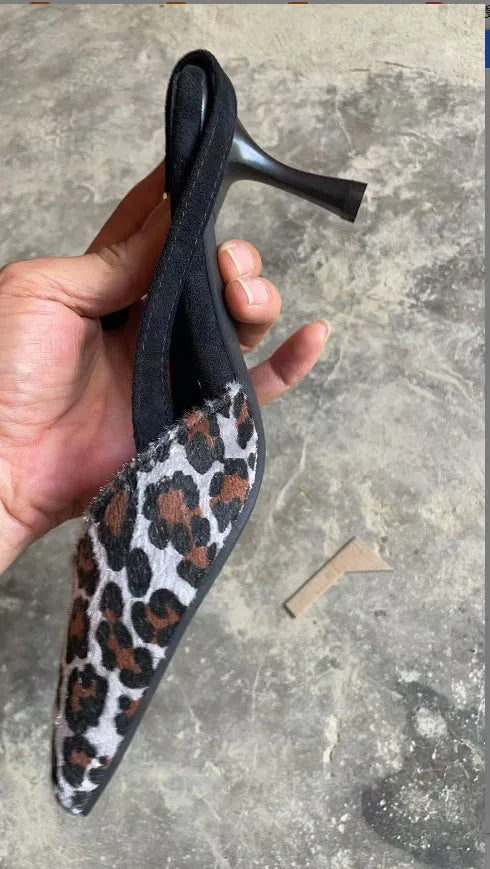 Leopard print suede women's sandals with scattered pointed toe design and high heels