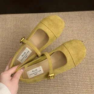 Low-cut French vintage Mary Jane flat shoes in suede-effect canvas, apricot colour, on a neutral background