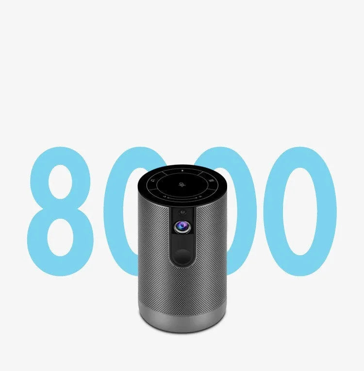 Mini DLP portable projector with 200ANSI lumens, auto focus, and black casing, showing a bright projection on a wall