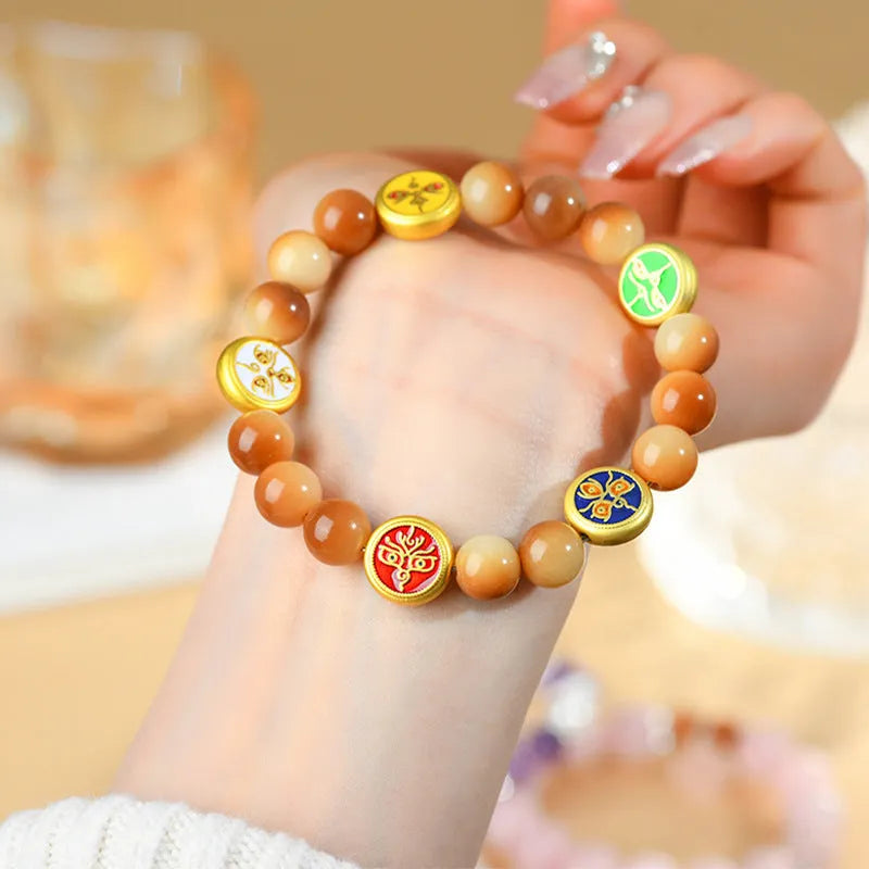 Yellow bodhi seed bracelet with five directions geometric pattern, adjustable 14-17 inches