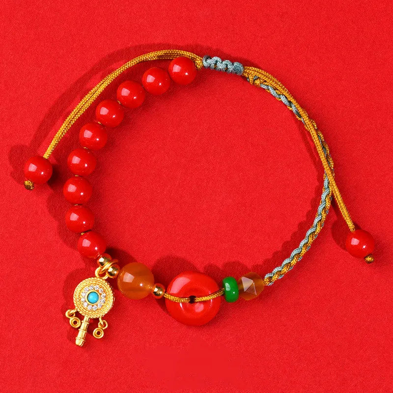 Red hand-woven cinnabar bracelet with geometric peace blessing buckle charm