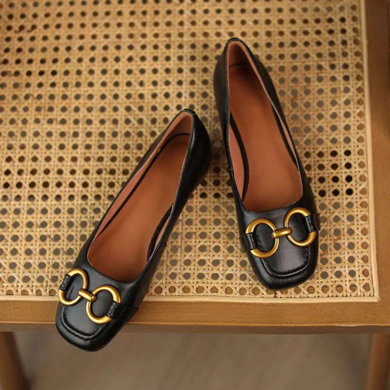Wanwan Lei style Mary Jane pumps with shallow metal mouth, square toe, and low heel in various colours