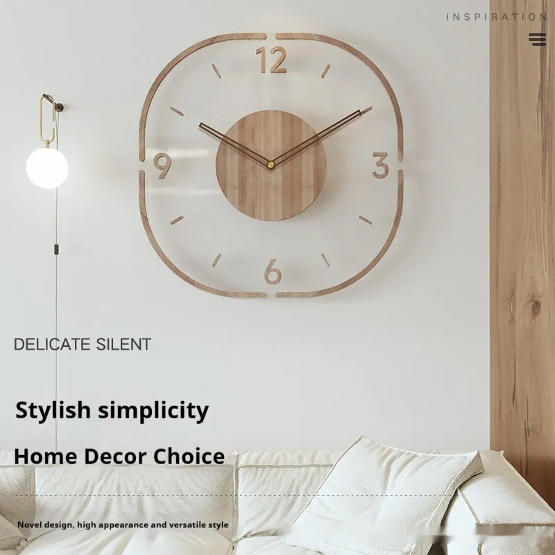 35cm square transparent wooden frame wall clock with modern design showing framed and frameless options