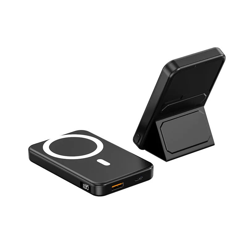 Magnetic wireless charging power bank with folding bracket showing capacity options and colour variations