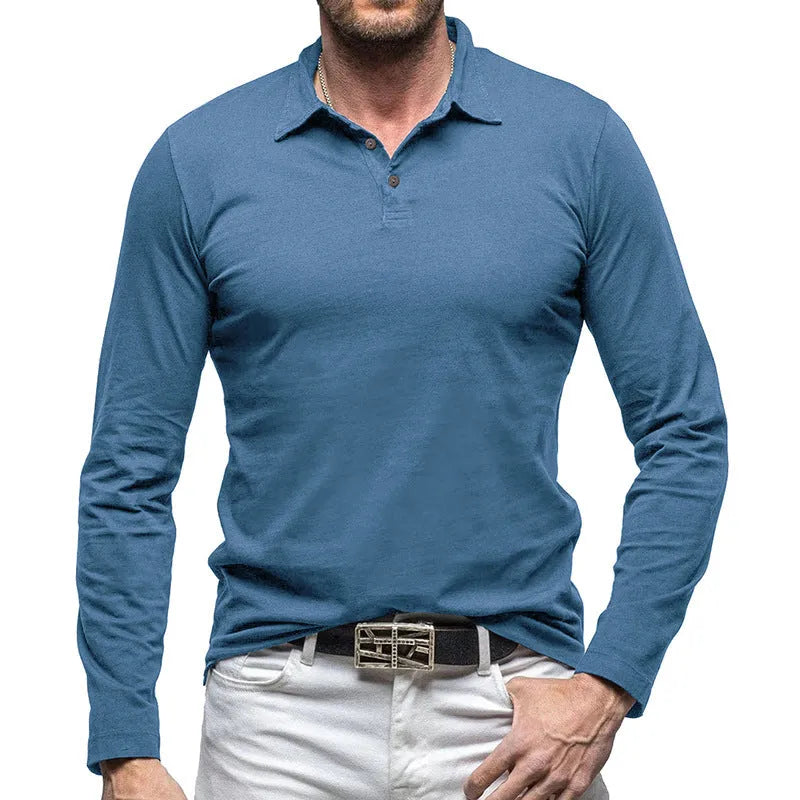 Men's dark grey cotton long sleeve T-shirt with a polo collar laid flat.