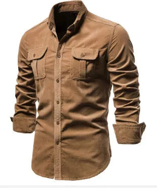 Men's long sleeve linen shirt shown in denim blue, available in multiple colours and sizes.