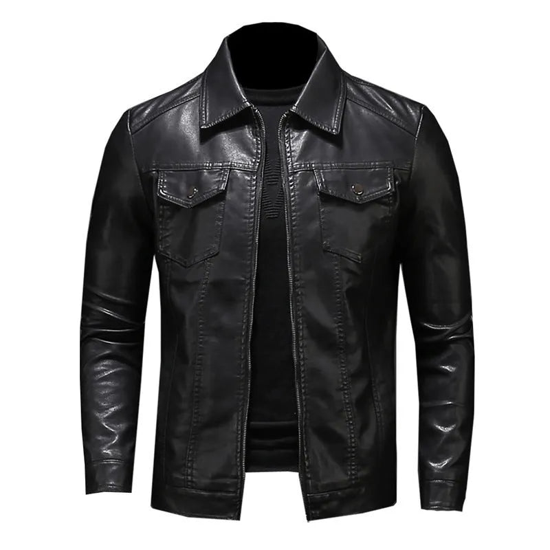 Men's thin artificial leather jacket in Black Plus Velvet with loose fit and straight hem, standing front view