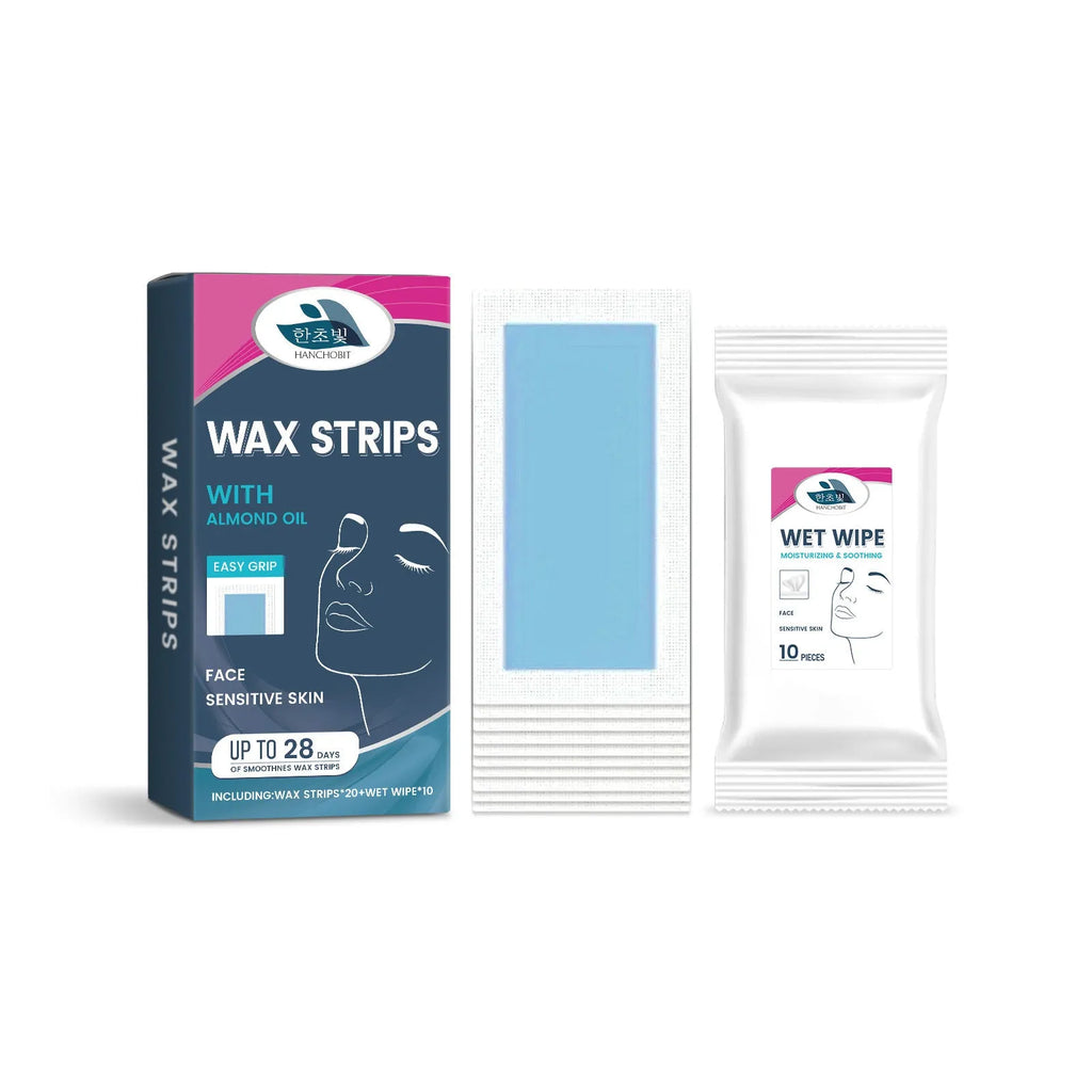 HANCHOBIT facial hair removal wax strips kit with 20 wax paper strips and 10 wet wipes