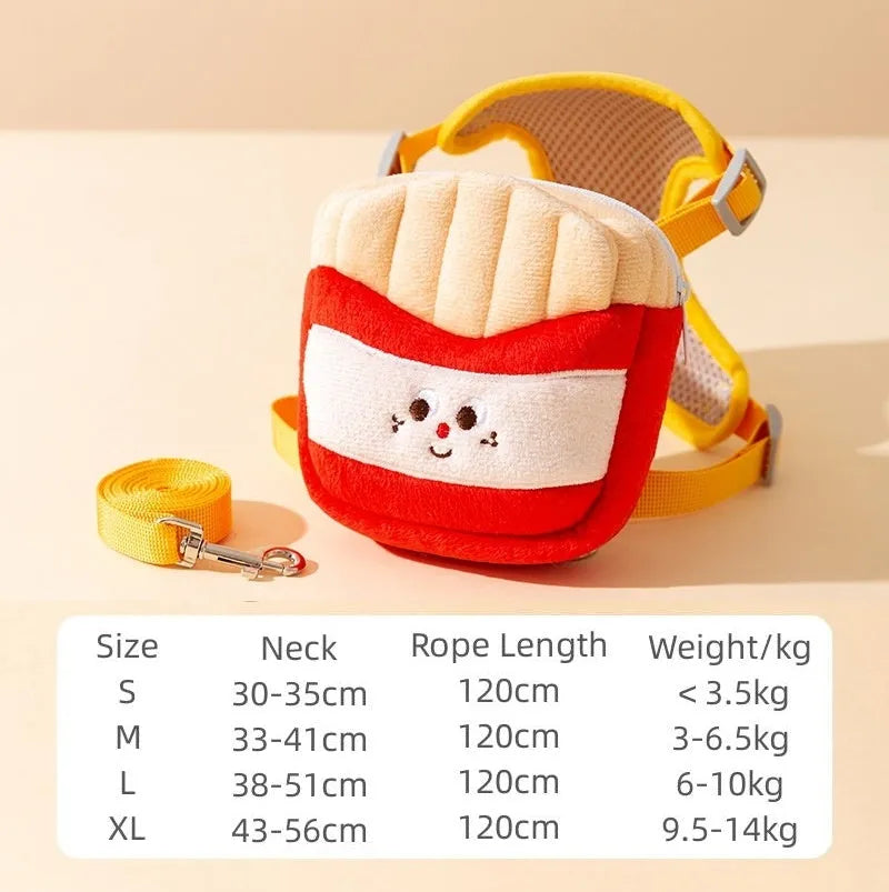 Cartoon hamburger and chips design adjustable escape-proof vest and leash set for dogs and cats