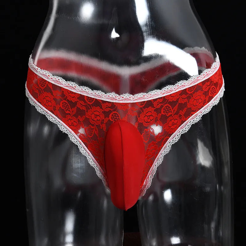 Men's lace brief underwear with vertical pouch design in multiple colour options