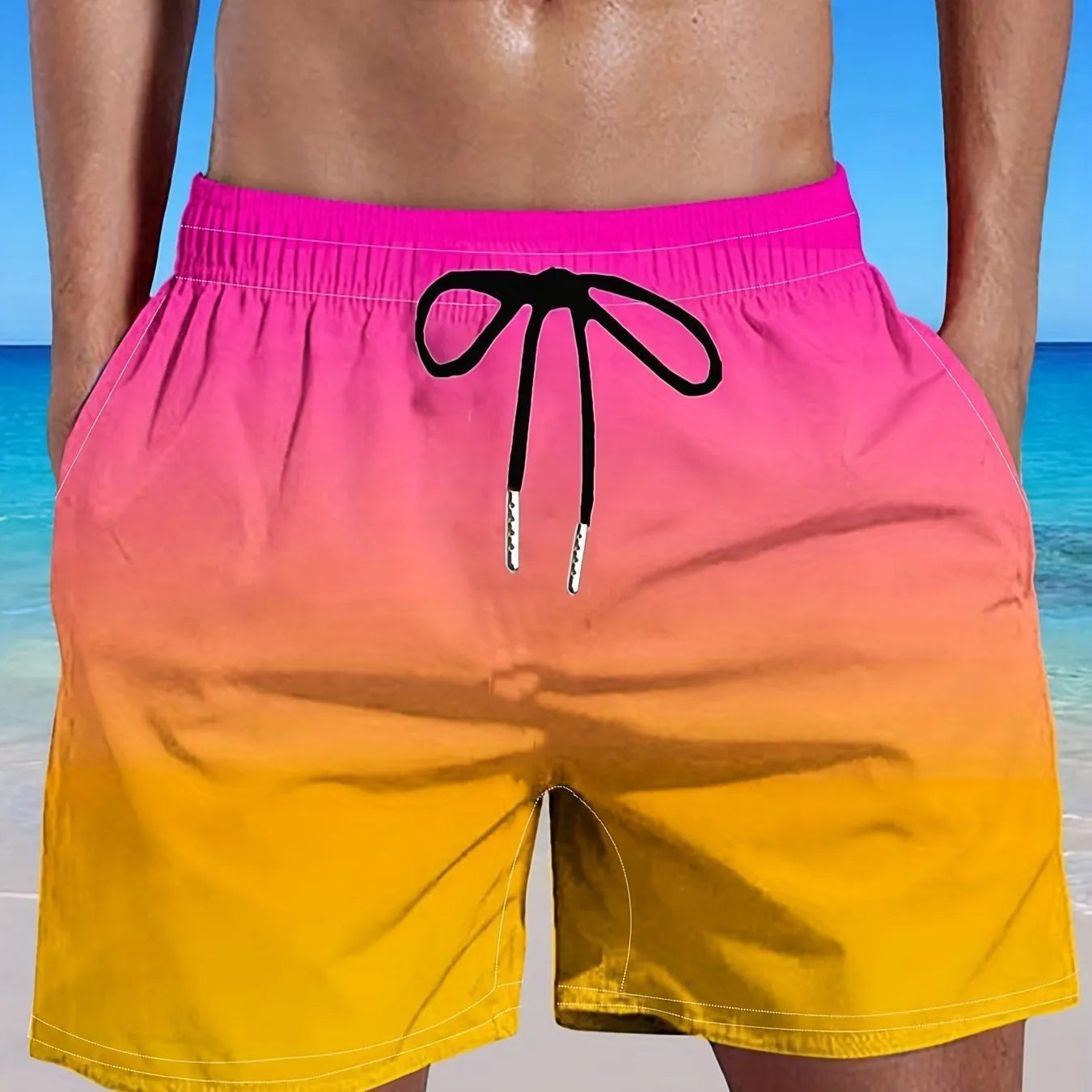 Men's grey gradient colour 3D digital print mesh sports shorts on a white background.