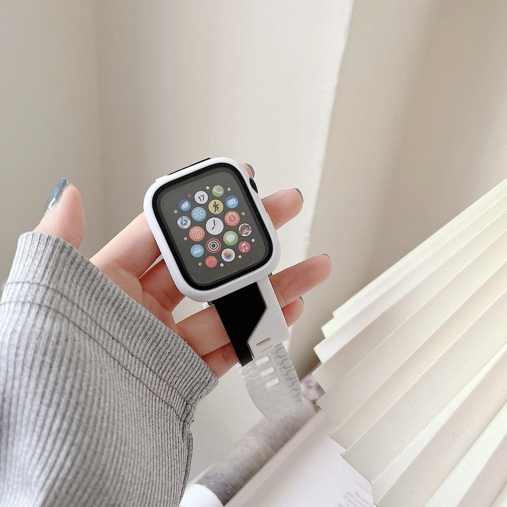 Two-tone silicone bumper protective case for Apple Watch, available in black and white, fits 45mm model