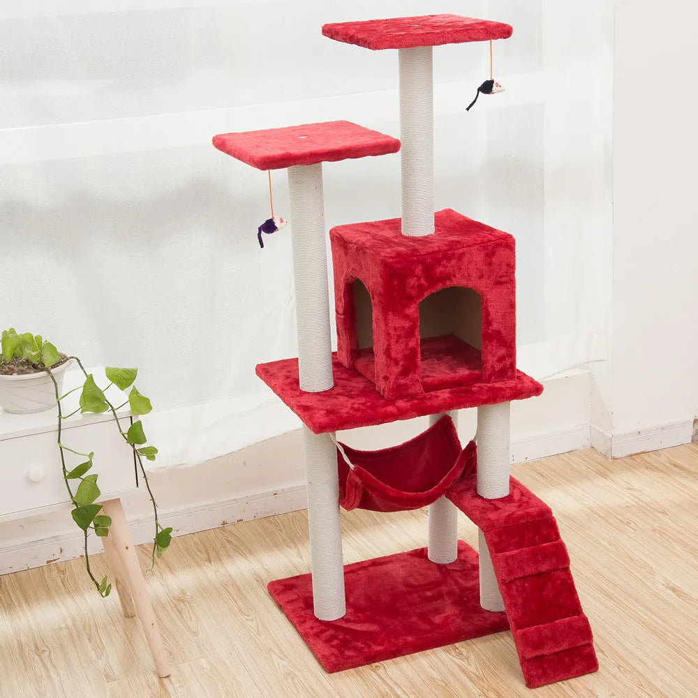 125cm cat climbing frame with soft wool cloth cover, beige colour, with nest and tray