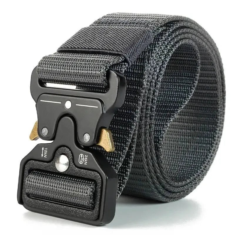 Men's thick canvas tactical belt with alloy buckle shown in Army Green colour on 120cm length