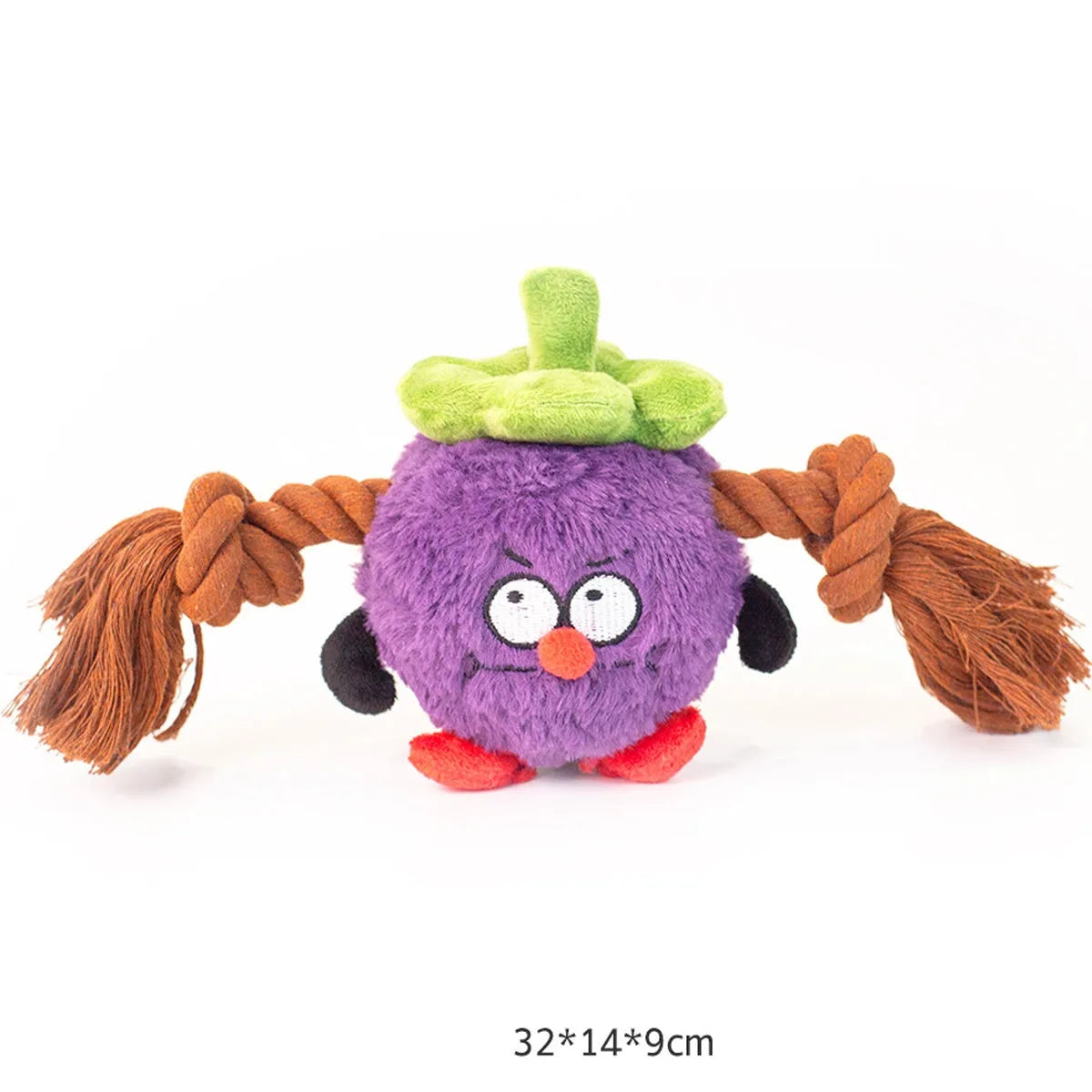 Green and purple interactive plush rope knot dog toy for tug of war and chewing.