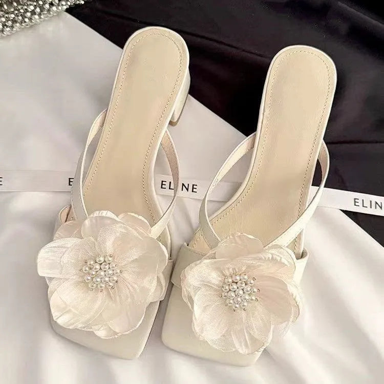 Women's chunky heel sandals with square toe and one-strap design in satin material