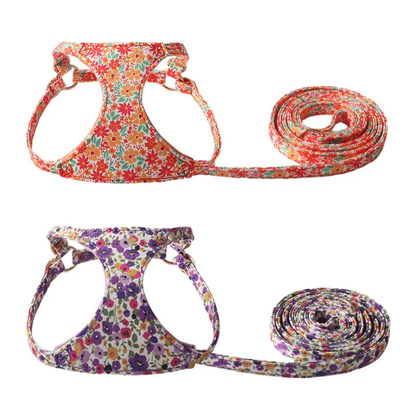 Floral pattern pet harness with matching leash for small dogs in multiple colour options