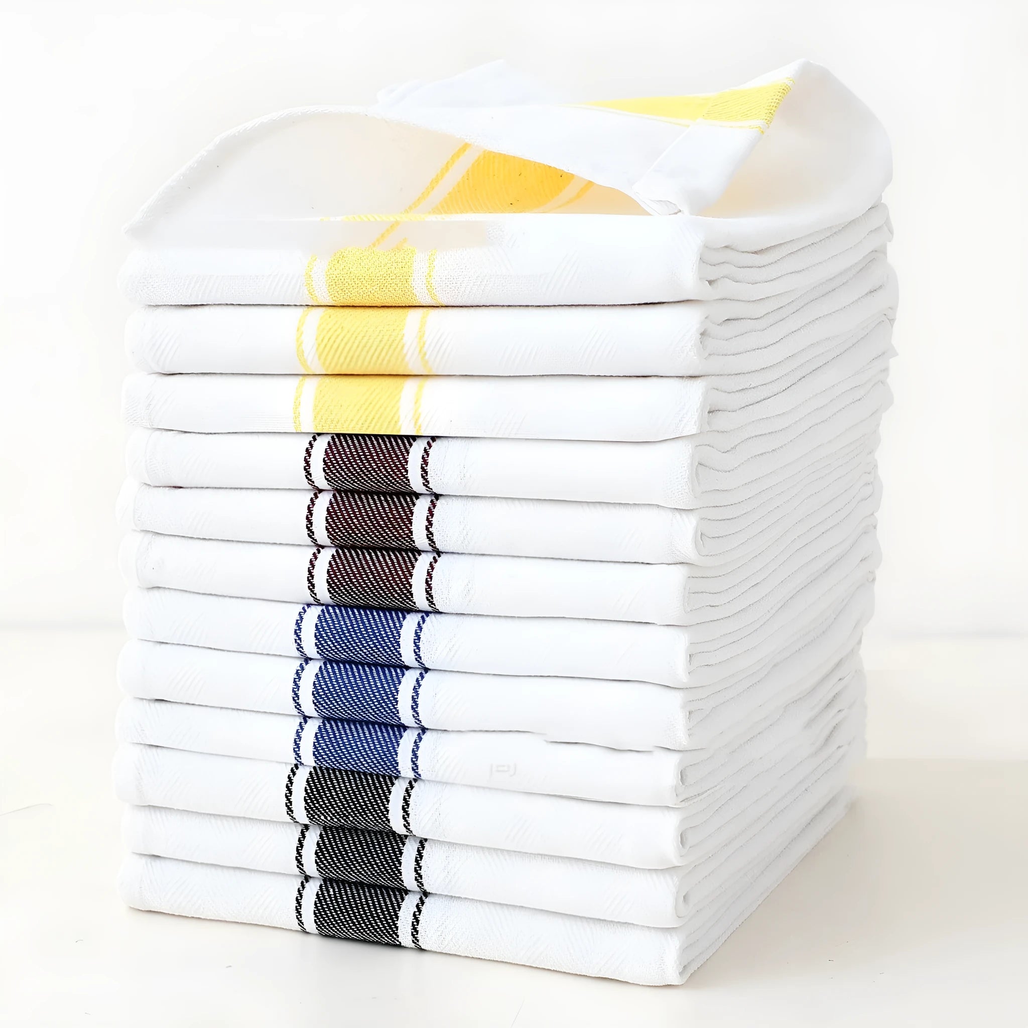 Set of twelve striped polyester cotton blended kitchen dish towels showing colour variations