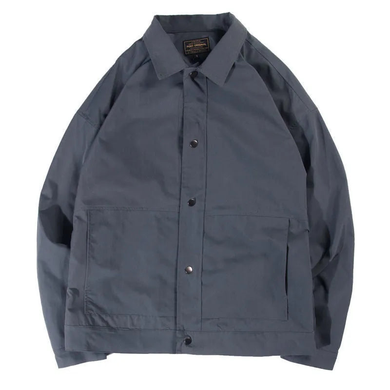 Men's Korean style thin single-layer jacket in light grey, shown front-on.