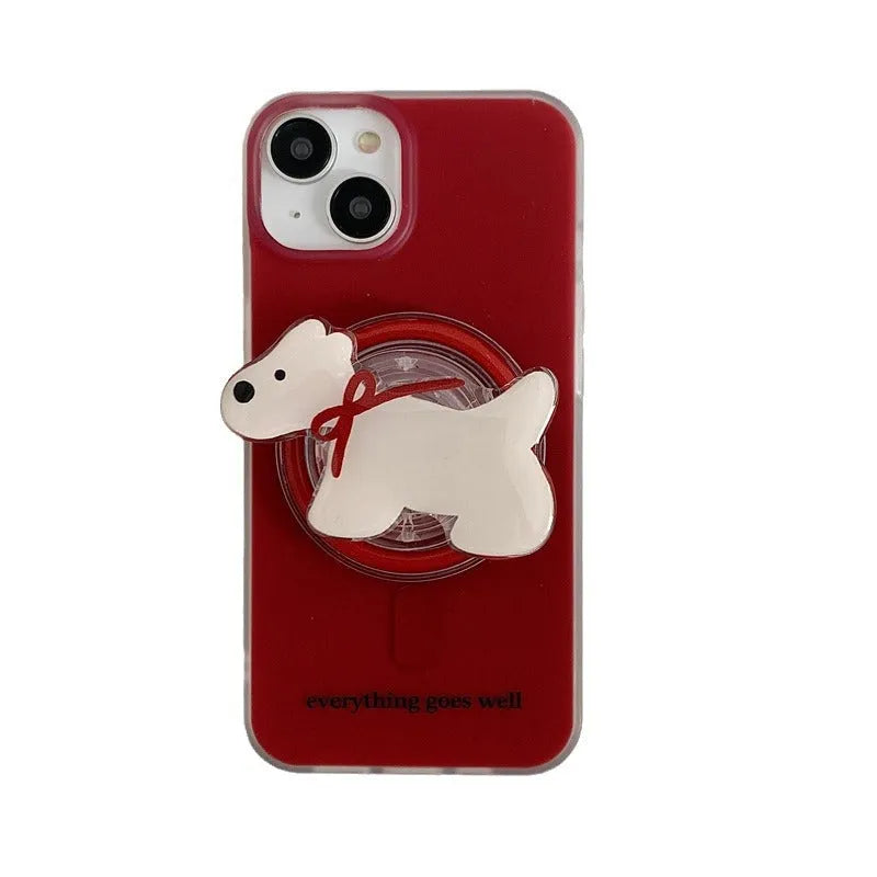 Wine red silicone phone case with embossed red bow tie puppy pattern and magnetic bracket for Apple iPhone