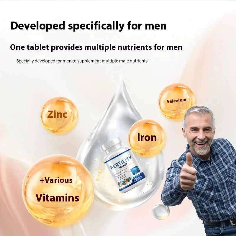 Bottle of 60 male fertility tablets with COMLEX vitamin mineral amino acids supplement formula