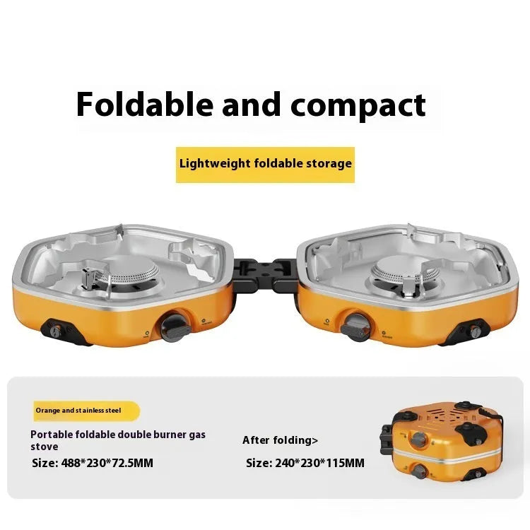 Orange portable double-headed folding camping gas stove with two 2.5kW butane burners, shown open and folded