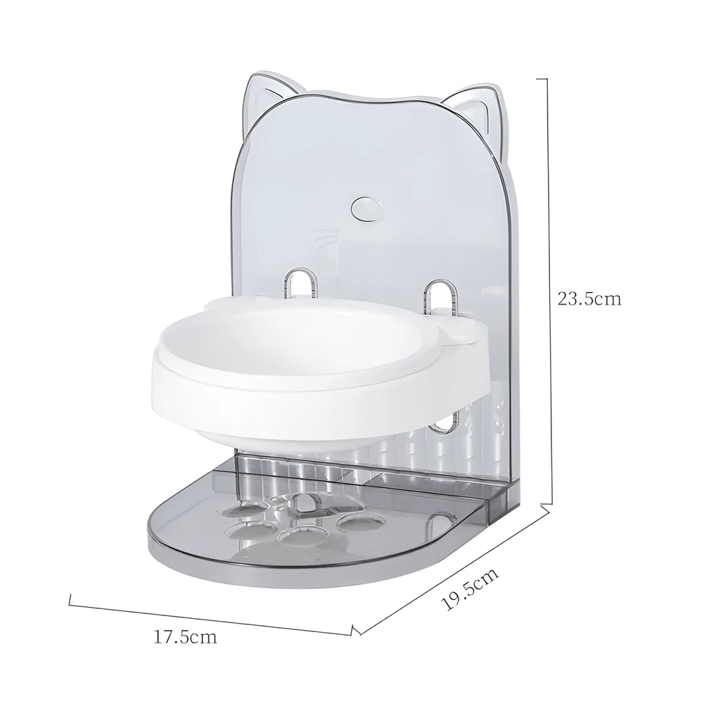 Grey adjustable height cat feeding bowl with anti-spill edges and removable design