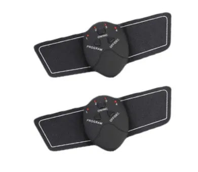Compact black EMS muscle stimulator unit with conductive gel pads for abdominal and buttock toning