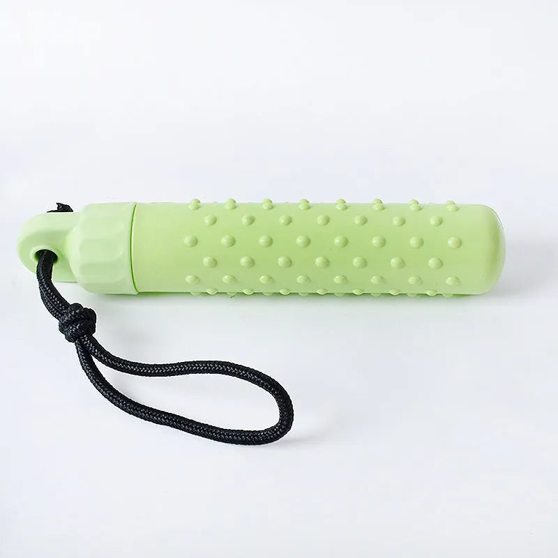 Two floating dog pool toys in red and green with rope handles on a blue background