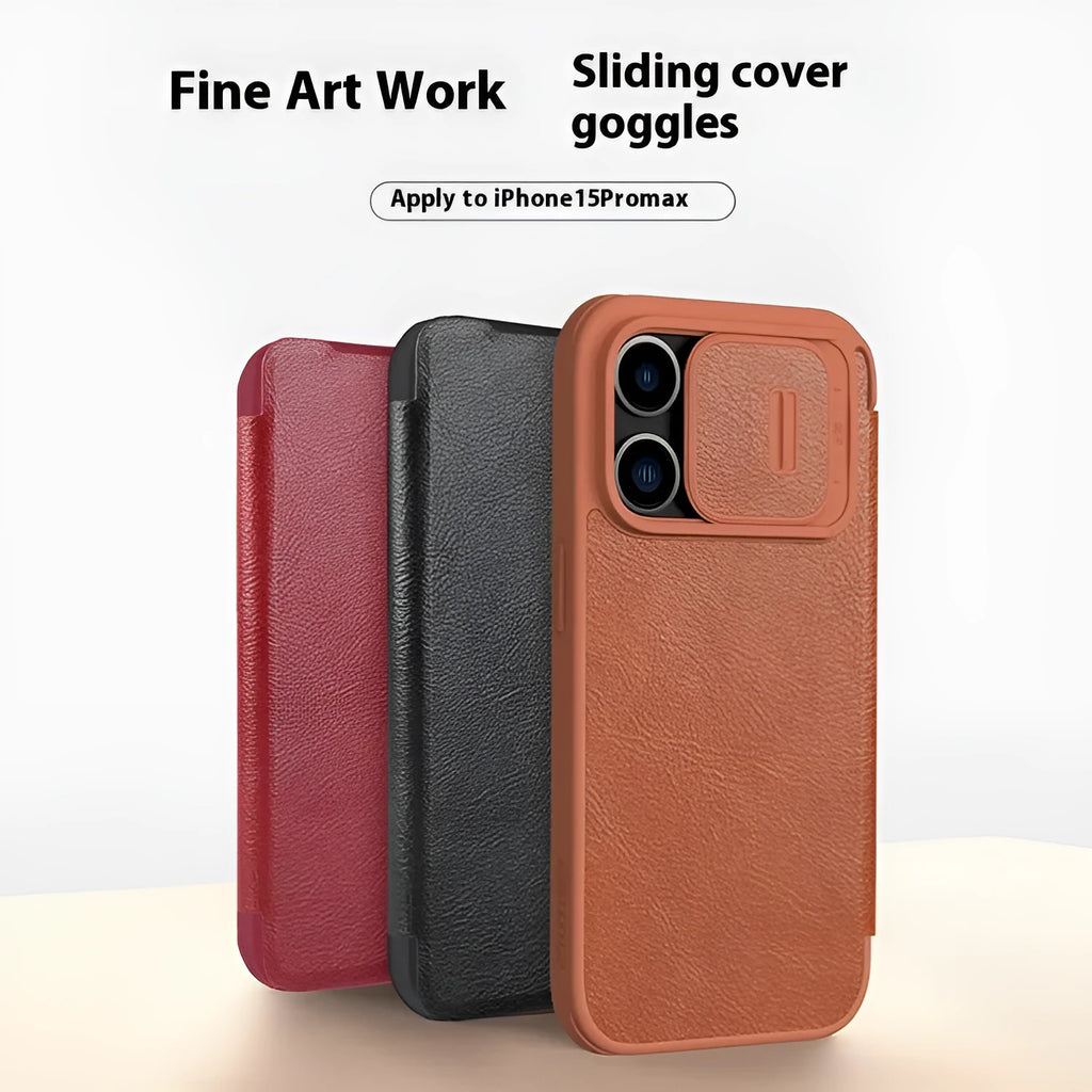 Black imitation leather flip phone case for iPhone, shown open and closed.