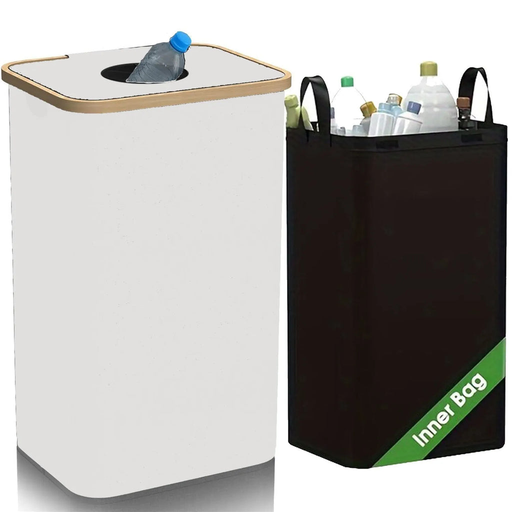 Black bamboo storage basket with removable lid, handle, and visible double inner pockets.