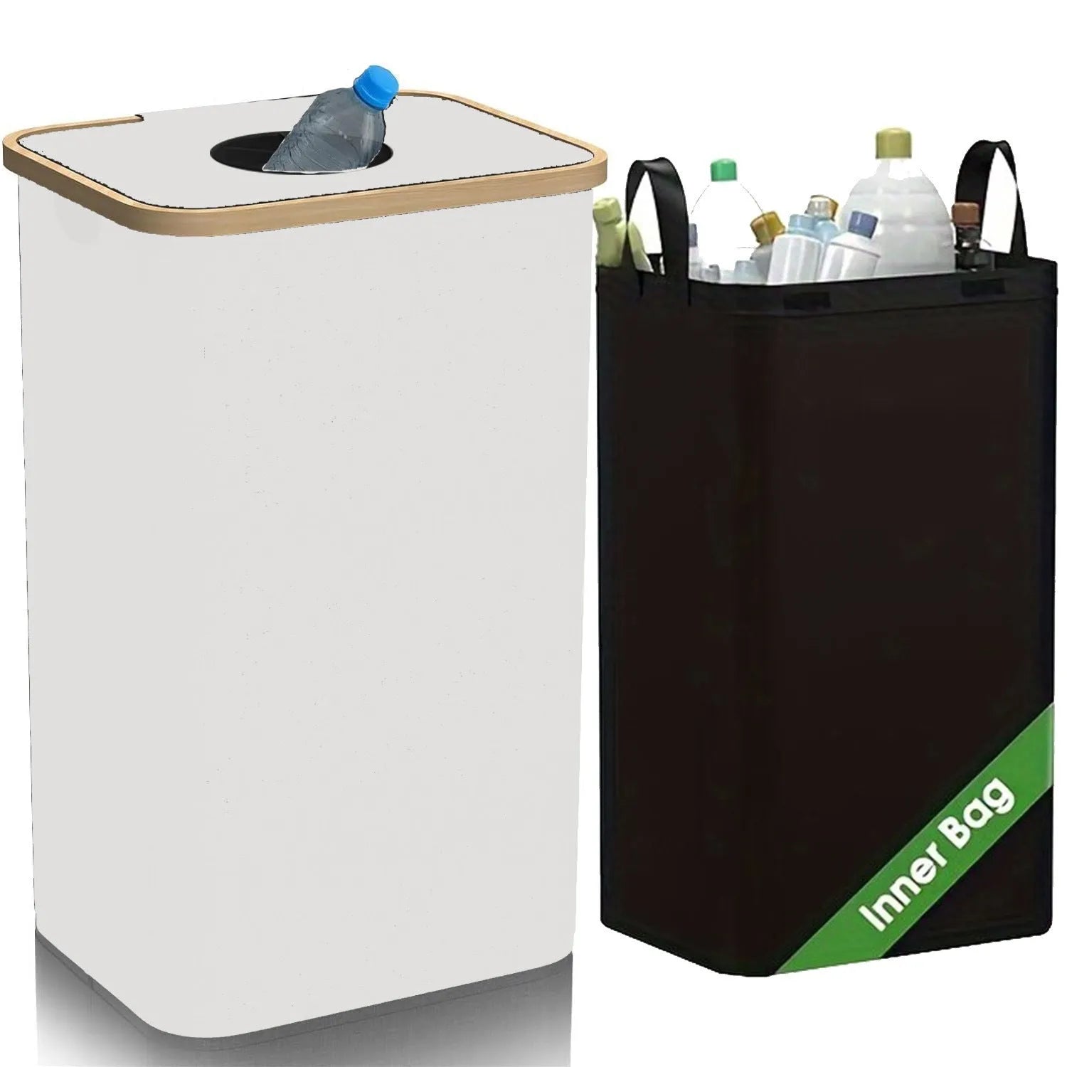Black bamboo storage basket with removable lid, handle, and visible double inner pockets.