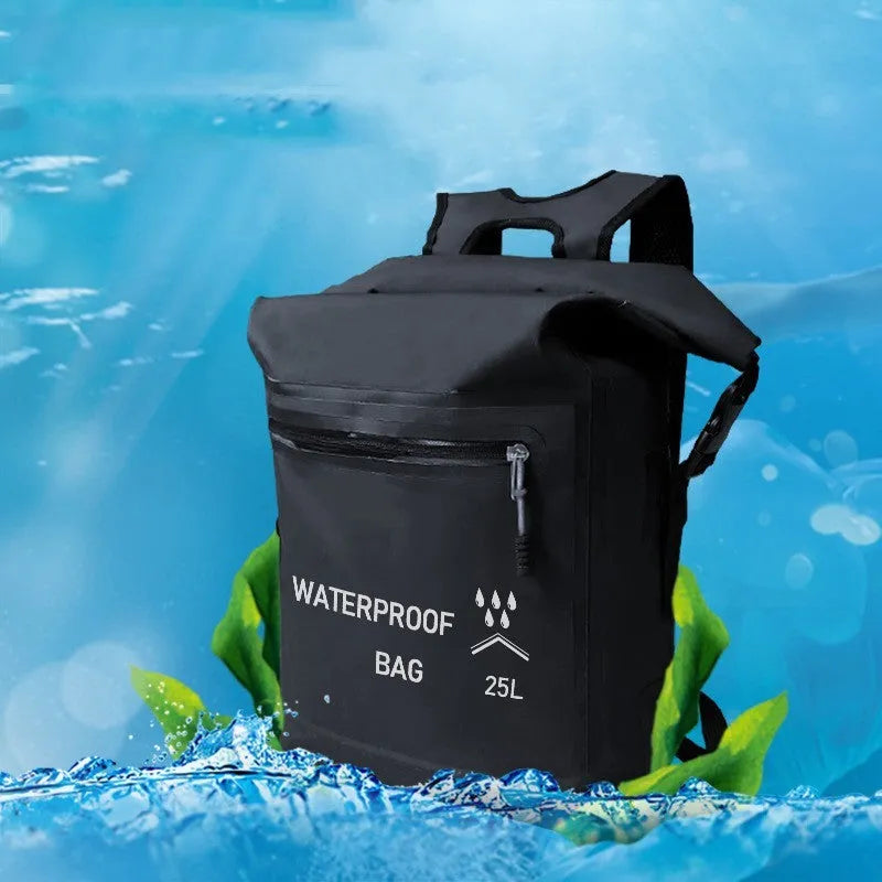 Black 25-litre waterproof outdoor backpack with a mesh clip for water sports.
