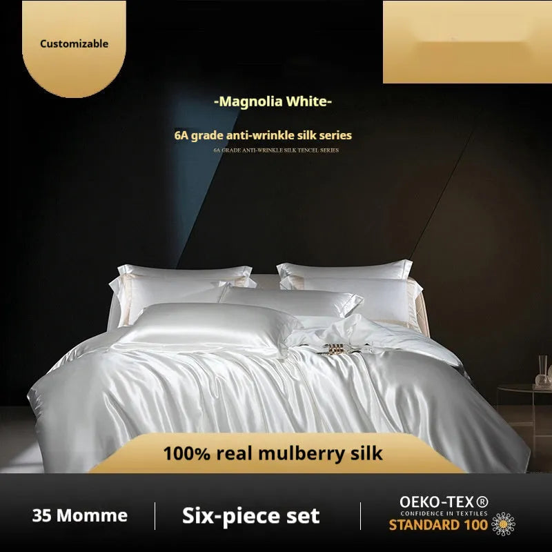 Household Fashion solid colour silk duvet cover and pillowcases on a bed, showing concealed zip detail.