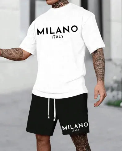 European style men's short sleeve polyester suit set with round neck top and matching shorts in multiple colours